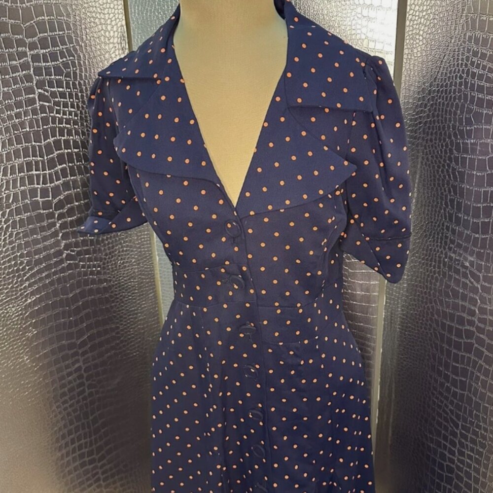 Vintage The Cottager for Junior Petites Polka Dot Dress-Blue Orange Size Small